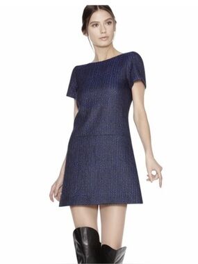 ALICE + OLIVIA Liv Mini Dress Textured Drop Waist Herringbone Black Retro 8